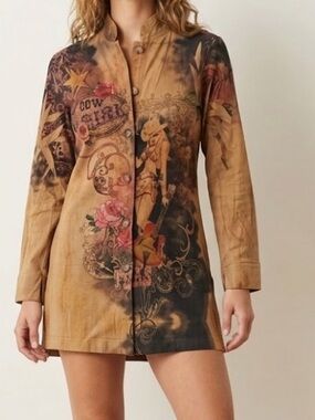 Fantazia Vegan Suede Leather Western Cowgirl Long Sleeve Mini Shirt Dress Small